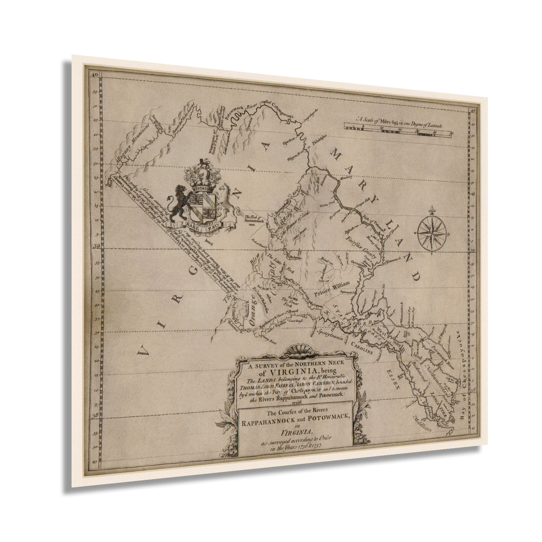 Digitally Restored and Enhanced 1747 Northern Neck of Virgina Map Print - Northern Virginia Vintage Map Wall Art -1736 & 1737 Survey of the Northern Neck Virginia Wall Map Published in 1747