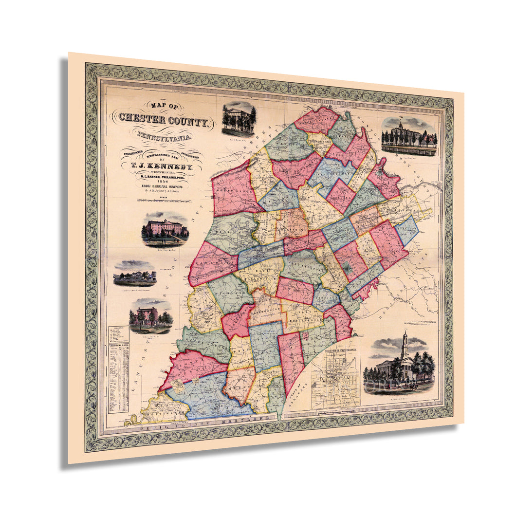 Digitally Restored and Enhanced 1856 Chester County Pennsylvania Map - Chester County PA Map Wall Art - Also Includes Inset of Borough of West Chester PA Showing Property Tracts and Owner Names