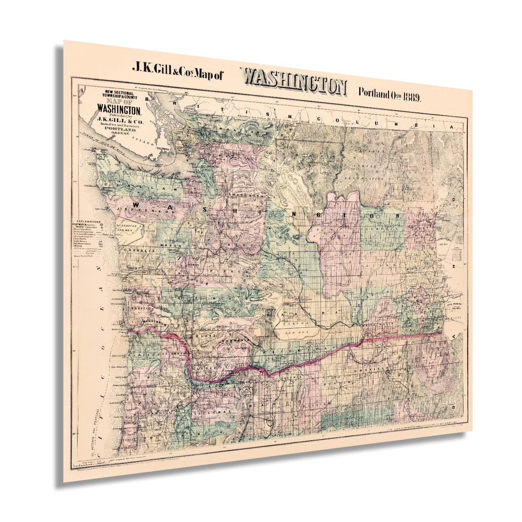 Digitally Restored and Enhanced 1889 Washington State Map -Vintage Map of Washington State Wall Art - Washington State Wall Decor - Township and County Map of Washington State Poster