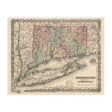 Load image into Gallery viewer, Digitally Restored and Enhanced 1859 Connecticut State Map with Portions of New York &amp; Rhode Island - Vintage Map of Connecticut Wall Art - Old Map of CT - Connecticut Map Poster Decor
