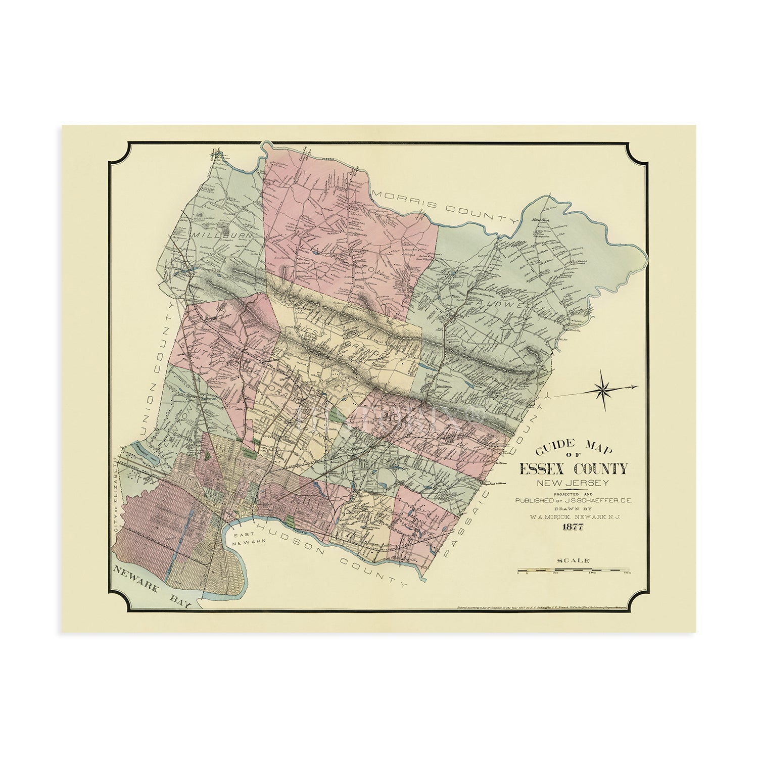 1877 Guide Map of Essex County New Jersey State Wall Art Print Historic Prints