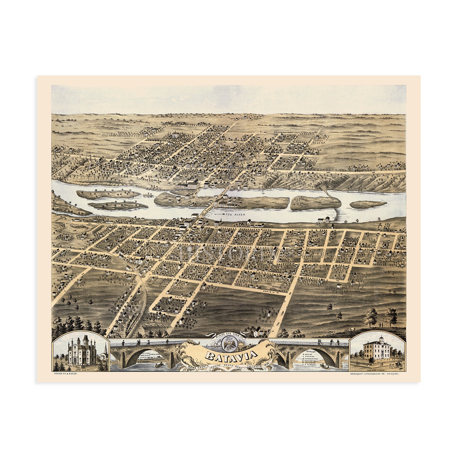 1869 Bird #39 s Eye View Map of Batavia City Illinois Wall Art Print 1869 Bird #39 s Eye View Map of Batavia City Illinois Wall Art Print