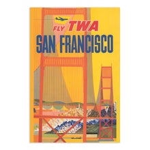 Load image into Gallery viewer, Digitally Restored and Enhanced 1957 San Francisco Travel Poster Print - Vintage Airline Poster Fly TWA Stylized Golden Gate Bridge California Wall Art
