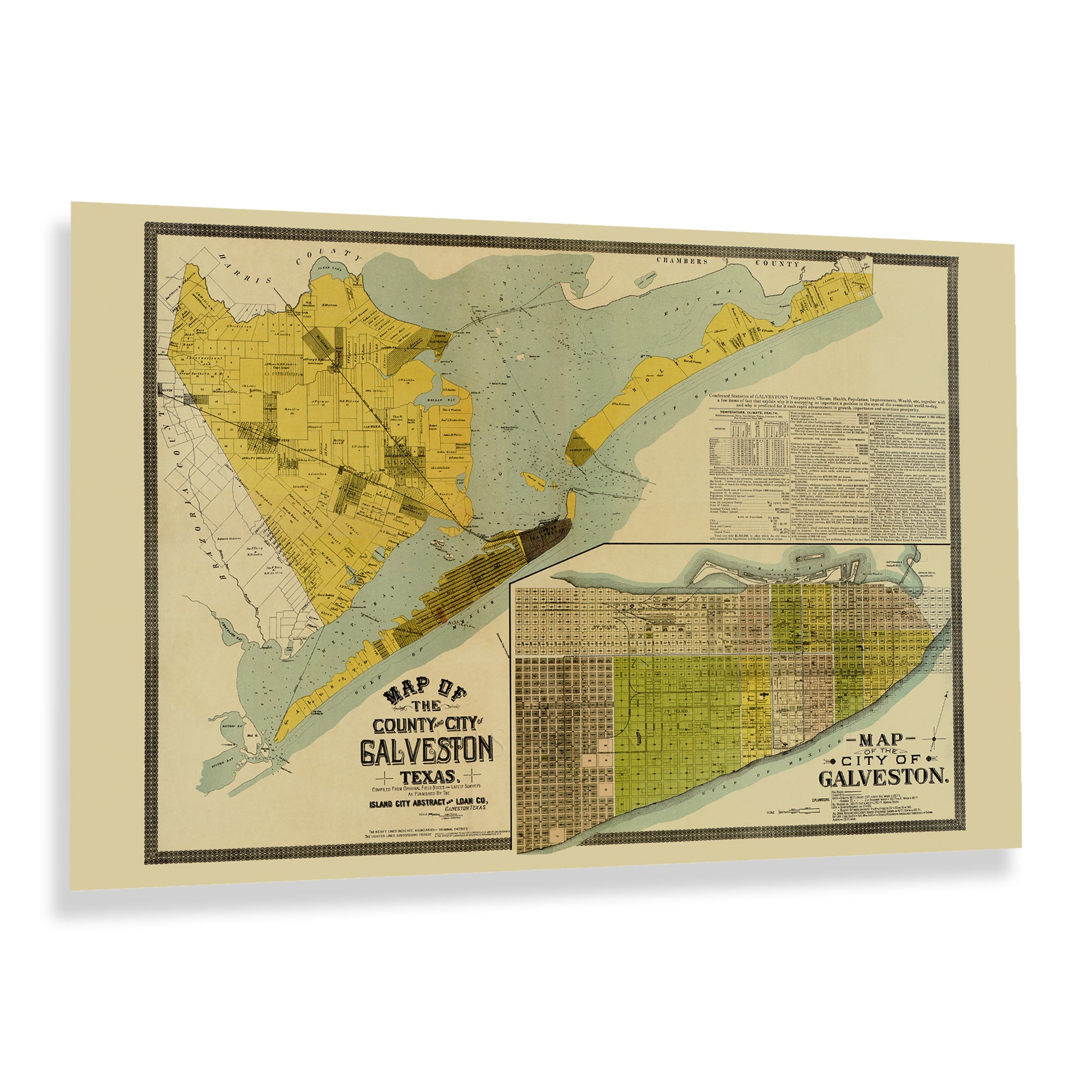 Carte Ancienne Du Comté De Galveston, Texas – 1879 – Reproduction Art Mural Vintage – Encadrable
