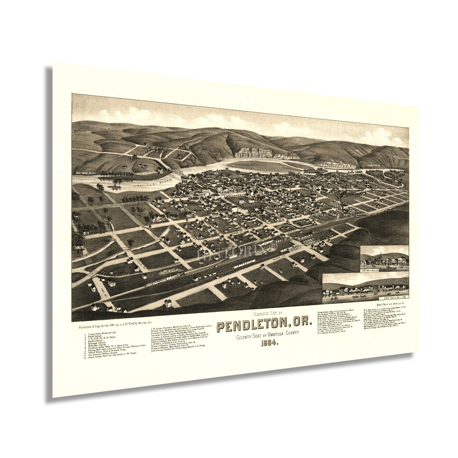 1884 Panoramic View of Pendleton City Oregon Map Wall Art Print ...