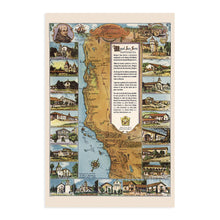 Cargar imagen en el visor de la galería, Digitally Restored and Enhanced 1949 California Missions Trail Map - California Missions Map Illustrating 21 Spanish Mission Buildings - Junipero Serra - California History Wall Art Poster Print
