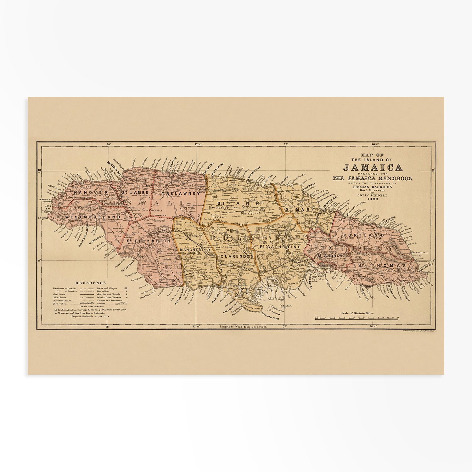 1893 Map of the Island of Jamaica Caribbean Region Wall Art Print