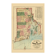Load image into Gallery viewer, Digitally Restored and Enhanced 1880 Rhode Island State Map - Vintage Map of Rhode Island Wall Art Decor - Map of Rhode Island and Providence Plantations Poster with 1875 1880 Population Census
