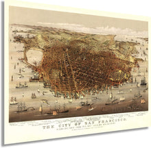 Load image into Gallery viewer, Digitally Restored and Enhanced 1878 City of San Francisco Map Art - Vintage Map of San Francisco - Birds Eye View from the Bay looking Southwest - San Francisco Map Poster - Bay Area Map Poster
