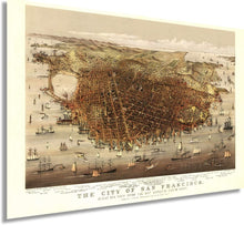 Load image into Gallery viewer, Digitally Restored and Enhanced 1878 City of San Francisco Map Art - Vintage Map of San Francisco - Birds Eye View from the Bay looking Southwest - San Francisco Map Poster - Bay Area Map Poster

