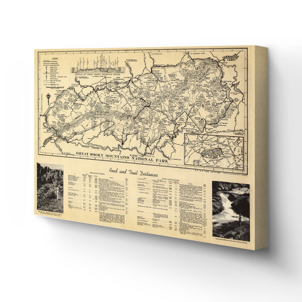 Digitally Restored and Enhanced 1940 Great Smoky Mountains Map Canvas Art - Canvas Wrap Vintage Great Smoky Mountains National Park Wall Art - Old Smoky Mountains Poster - Smoky Mountains Wall Art