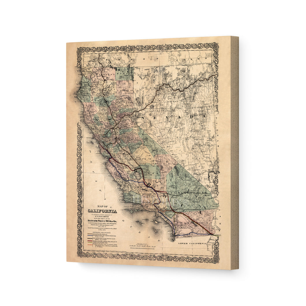 Digitally Restored and Enhanced 1876 California Map Poster - Canvas Art - 18x24x1.5 Inch Canvas Wrap Vintage Poster Map of California Wall Art - History Map of California Poster - Old Southern Pacific Railroad California Map