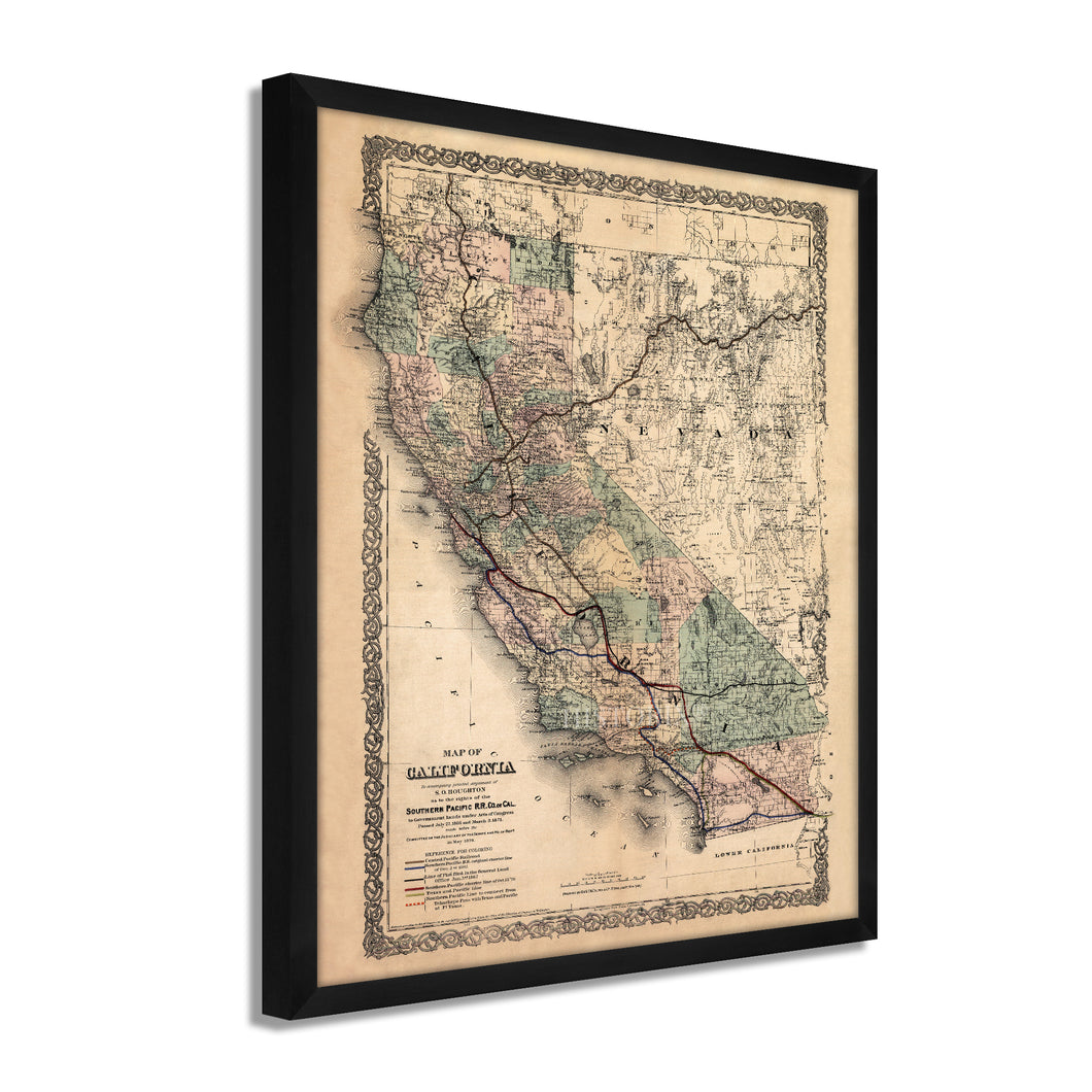 Digitally Restored and Enhanced 1876 California Map Poster - Framed Vintage California Wall Art - History Map of California Poster - Framed California Map Showing Southern Pacific Railroad