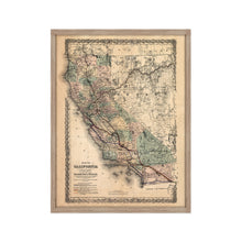 Load image into Gallery viewer, Digitally Restored and Enhanced 1876 California Map Poster - Framed Vintage California Wall Art - History Map of California Poster - Framed California Map Showing Southern Pacific Railroad
