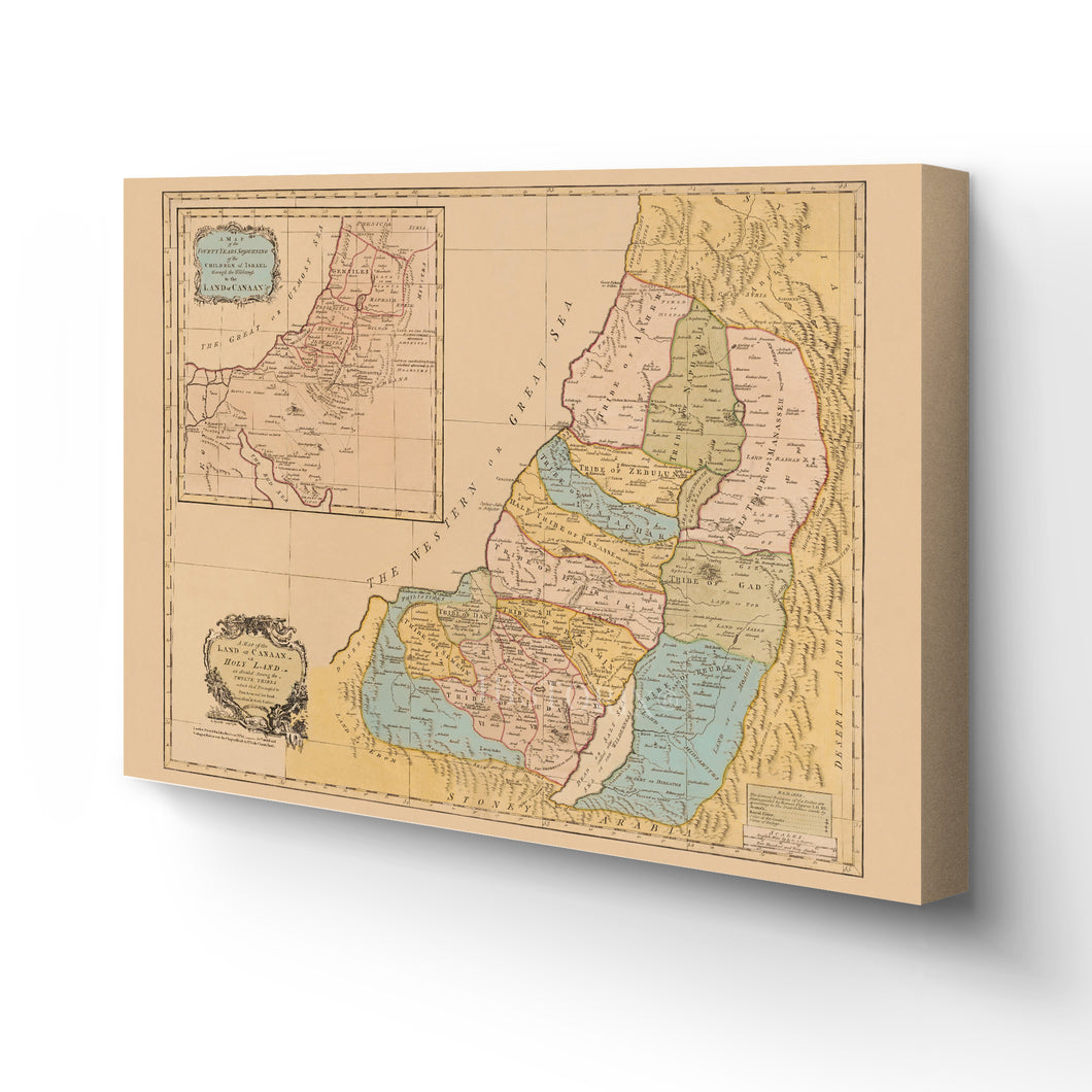 Digitally Restored and Enhanced 1760 Land of Canaan Canvas Art - Canvas Wrap Vintage Holy Land Map Poster - History Map of the Holy Land of Canaan Divided Among Twelve Tribes God Promised To Abraham