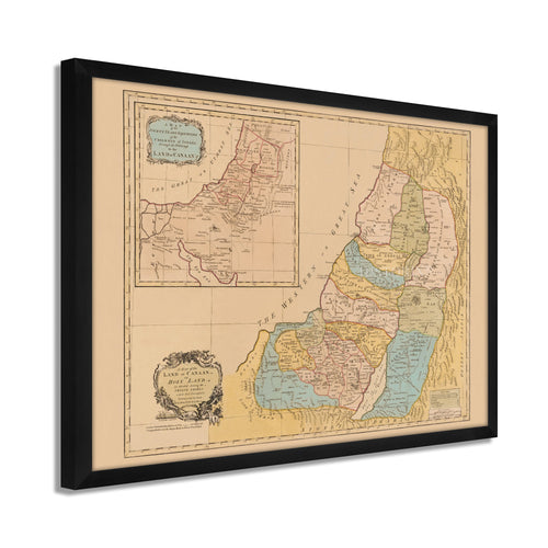 Digitally Restored and Enhanced 1760 Land of Canaan Palestine Map - Framed Vintage Holy Land Map Poster - Map of the Holy Land Divided Among Twelve Tribes God Promised To Abraham