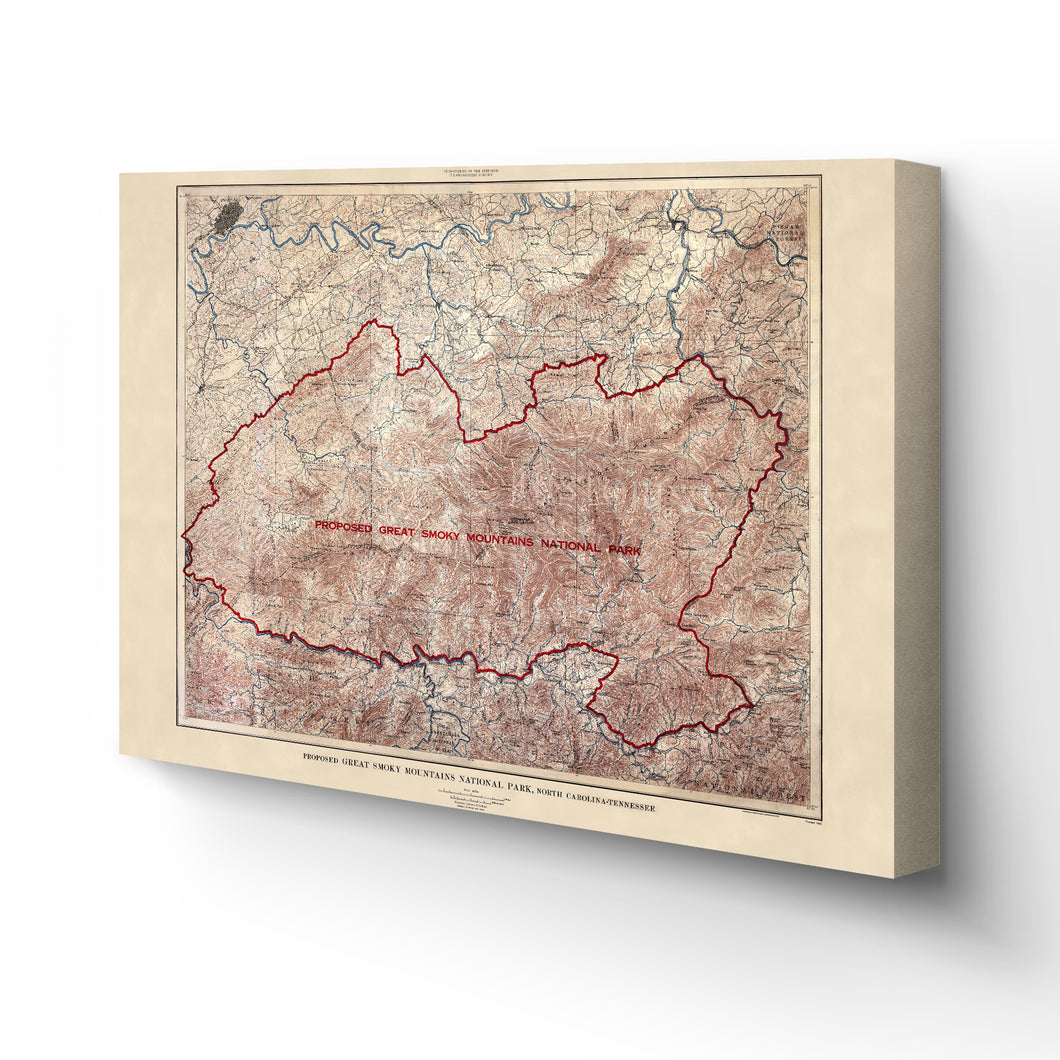 Digitally Restored and Enhanced 1926 Great Smoky Mountains National Park Canvas Art - Canvas Wrap Smoky Mountains Wall Art - Old Great Smoky Mountains Map - History Map of Smoky Mountains Poster