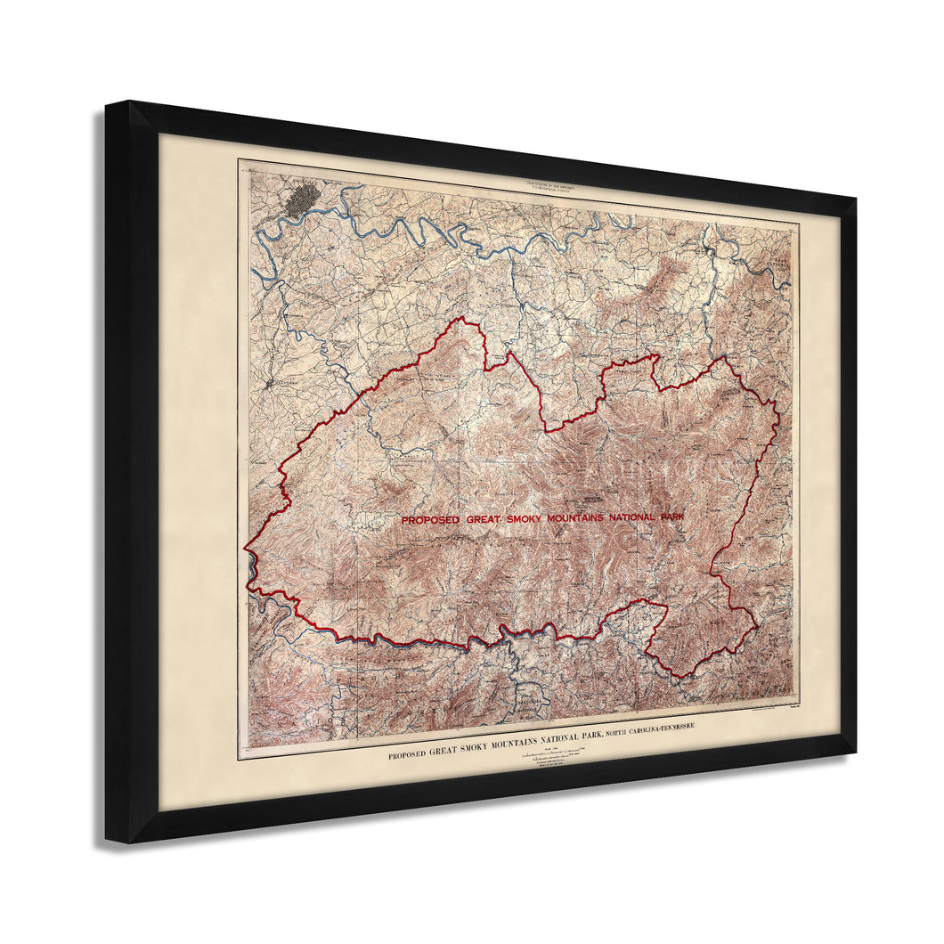 Digitally Restored and Enhanced 1926 Proposed Great Smoky Mountains Map - Framed Vintage Smoky Mountains Wall Art - Great Smoky Mountains National Park Poster North Carolina-Tennessee