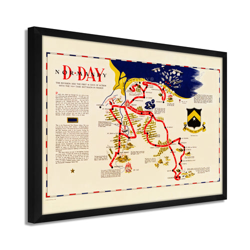 Digitally Restored and Enhanced 1944 D-Day Normandy Map - Framed Vintage D-Day Normandy Wall Art - WW2 Map of Normandy Poster - History Map of Normandy Invasion World War 2 Poster