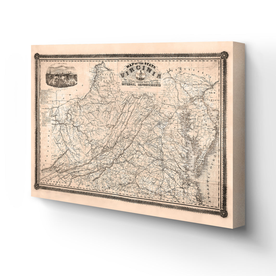 Digitally Restored and Enhanced 1862 Virginia State Map Canvas - Canvas Wrap Vintage Virginia Map Poster - State of Virginia Map Wall Art - History Map of Virginia Poster Showing Internal Improvements