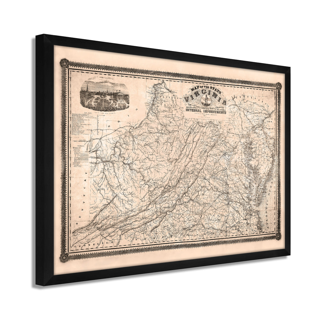 Digitally Restored and Enhanced 1862 Virginia State Map - Framed Vintage Virginia Map Wall Art - History Map of Virginia Poster - State of Virginia Map Showing Internal Improvements