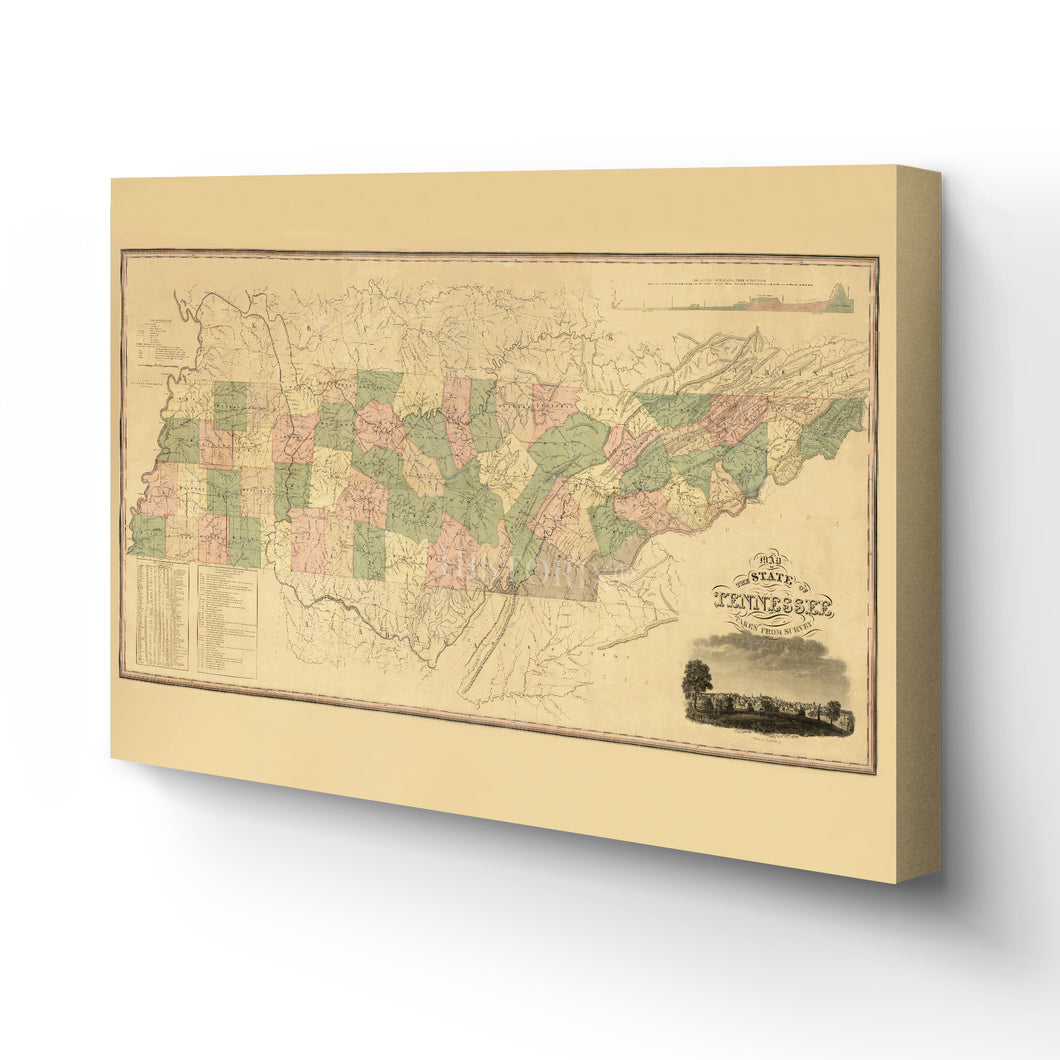 Digitally Restored and Enhanced 1832 Tennessee State Map Canvas Art - Canvas Wrap Vintage Tennessee Map Wall Art - Old Tennessee State Map Poster - History Map of Tennessee Wall Art Taken From Survey