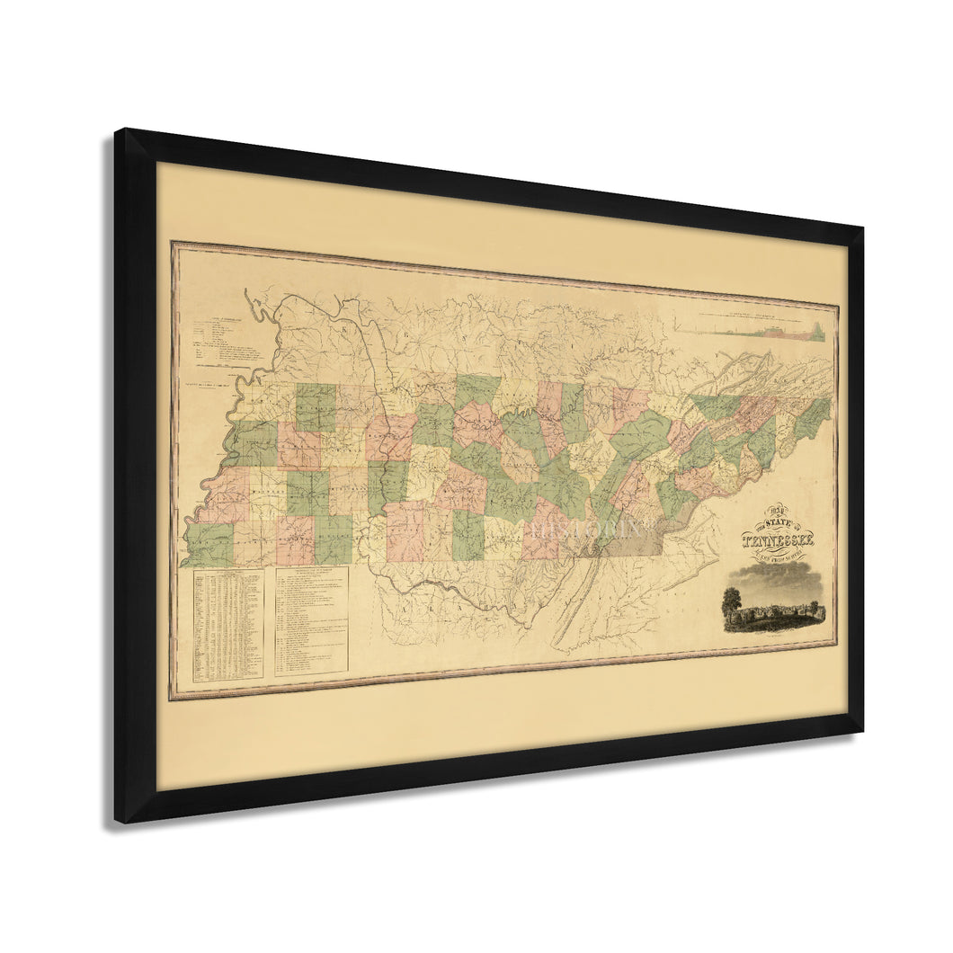 Digitally Resored and Enhanced 1832 Tennessee State Map - Framed Vintage Tennessee Wall Art - History Map of Tennessee State Poster - Framed Tennessee Map Art Taken From Survey