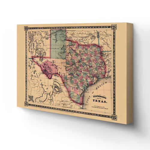 Digitally Restored and Enhanced 1866 Texas Map Canvas Art - Canvas Wrap Vintage Texas Map Wall Art - Restored State of Texas Map - Schonberg's Poster Map of Texas Wall Art - Old Texas Map