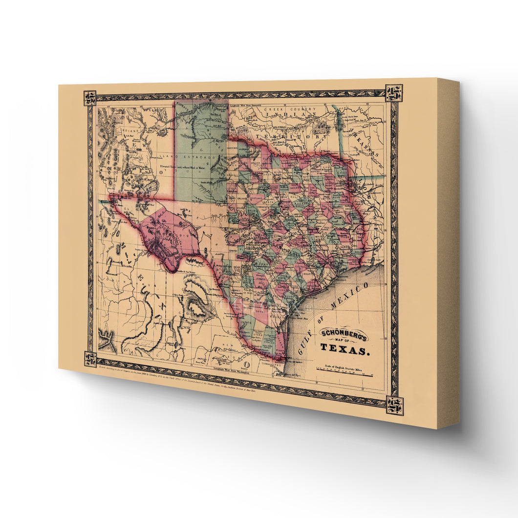 Digitally Restored and Enhanced 1866 Texas Map Canvas Art - Canvas Wrap Vintage Texas Map Wall Art - Restored State of Texas Map - Schonberg's Poster Map of Texas Wall Art - Old Texas Map