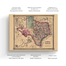 Load image into Gallery viewer, Digitally Restored and Enhanced 1866 Texas Map Canvas Art - Canvas Wrap Vintage Texas Map Wall Art - Restored State of Texas Map - Schonberg&#39;s Poster Map of Texas Wall Art - Old Texas Map
