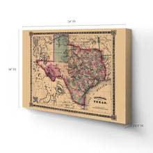 Load image into Gallery viewer, Digitally Restored and Enhanced 1866 Texas Map Canvas Art - Canvas Wrap Vintage Texas Map Wall Art - Restored State of Texas Map - Schonberg&#39;s Poster Map of Texas Wall Art - Old Texas Map
