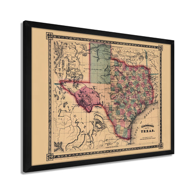 Digitally Restored and Enhanced 1866 Texas Map - Framed Vintage State of Texas Map Wall Art - Old Texas Map Print - Framed Map of Texas Wall Art - Schonberg's Poster Map of Texas