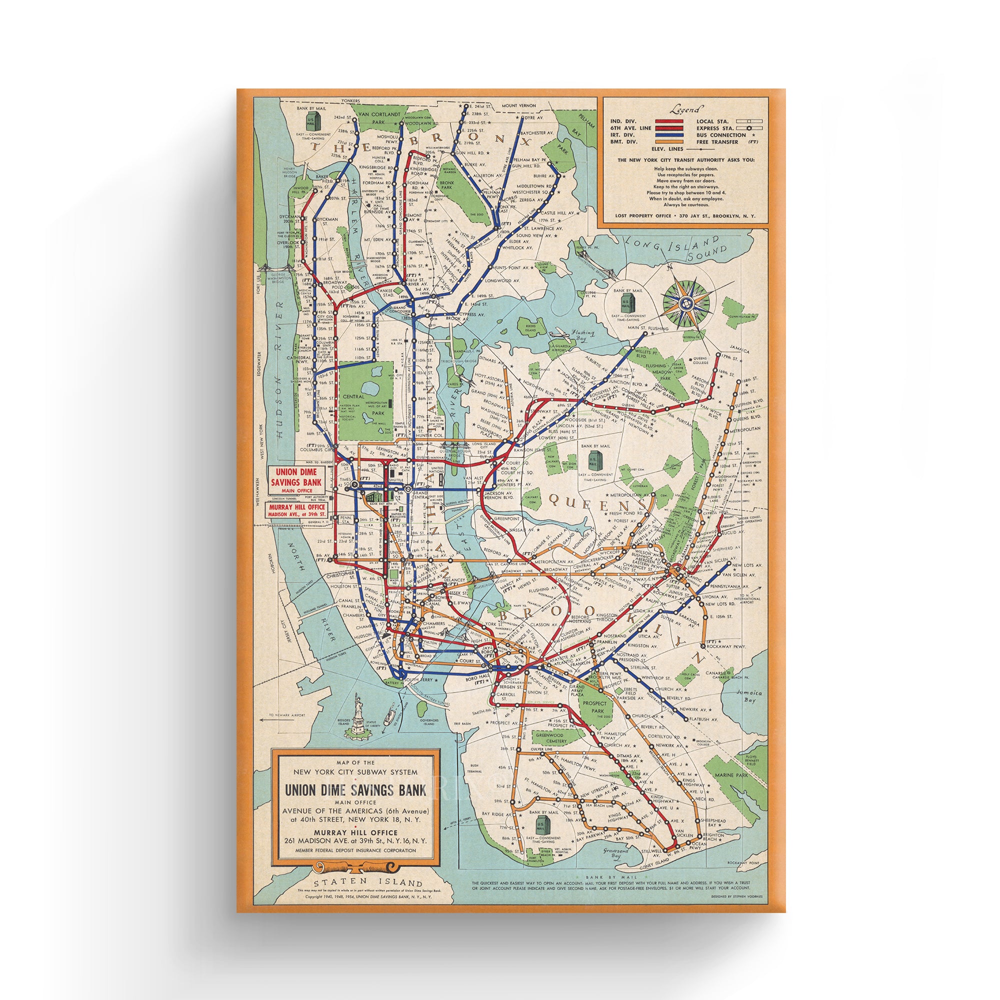 1954 New York City Subway System Map Canvas Wall Art