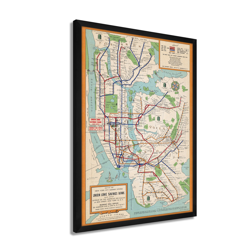 Digitally Restored and Enhanced 1954 New York City Subway Map - Framed Vintage Subway Map of New York Wall Art - Old NYC Subway Map Poster - History Map of New York City Subway