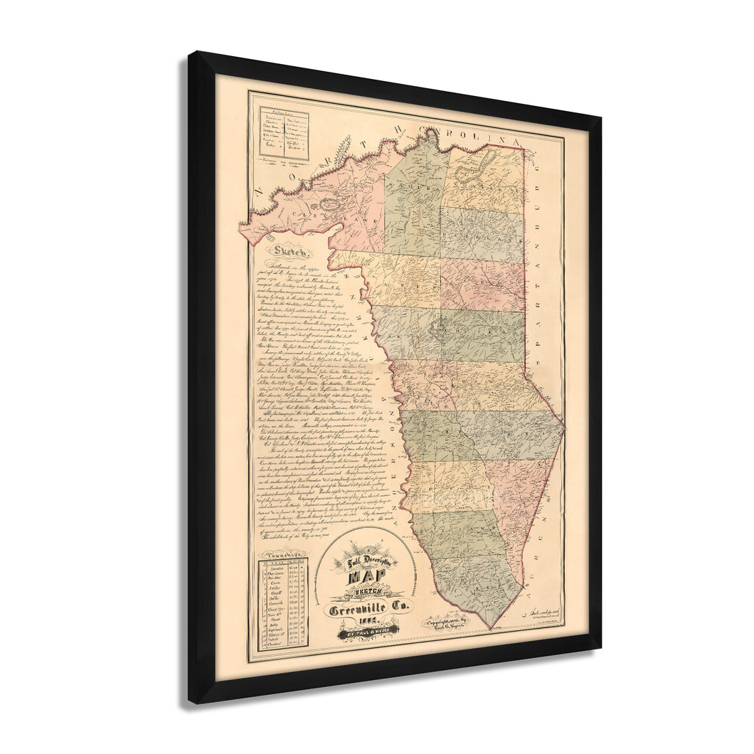 Digitally Restored and Enhanced 1882 Map of Greenville SC - Framed Vintage Greenville Wall Art - Old Map of Greenville South Carolina - Descriptive Map & Sketch of Greenville County