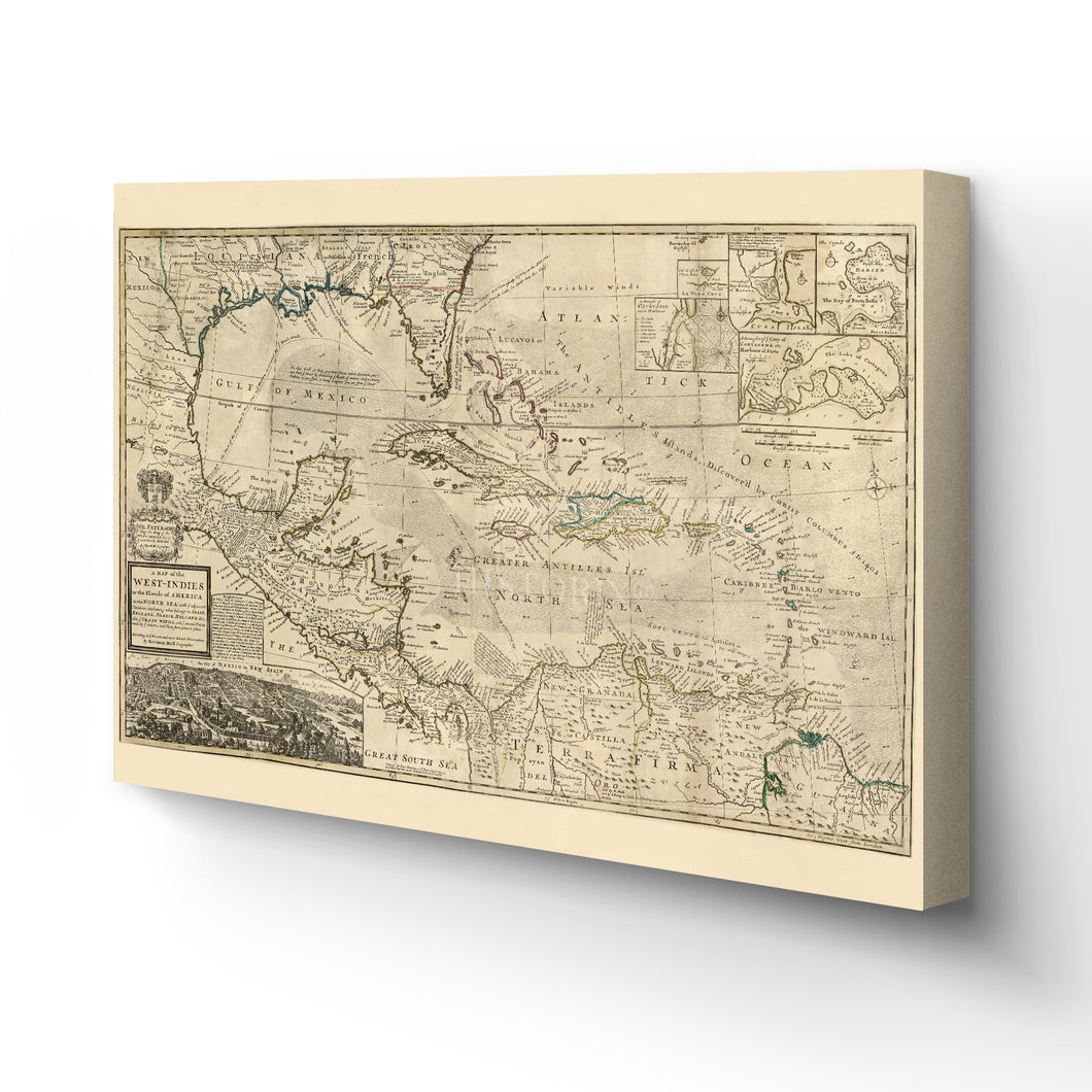Digitally Restored and Enhanced 1715 West Indies Art Canvas - Canvas Wrap Vintage West Indies Map Poster - Old Map of West Indies Wall Art - History Map of the West Indies The Islands of America