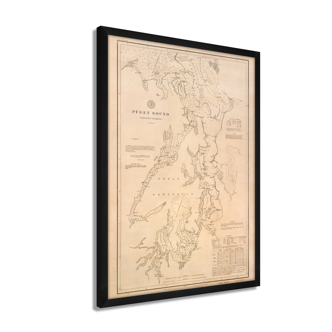 Digitally Restored and Enhanced 1889 Puget Sound Map - 1889 Puget Sound - Framed Vintage Puget Sound Wall Art - Old Puget Sound Nautical Map - History Map of Puget Sound Washington Territory