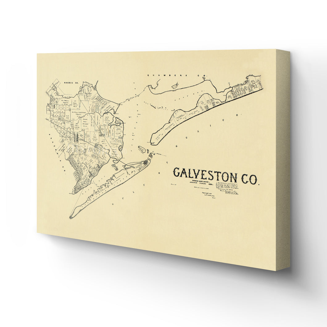 Digitally Restored and Enhanced 1892 Galveston Texas Map Canvas Art - Canvas Wrap Vintage Galveston Wall Art - History Map of Galveston Texas - Old Map of Galveston County Texas Showing Landownership