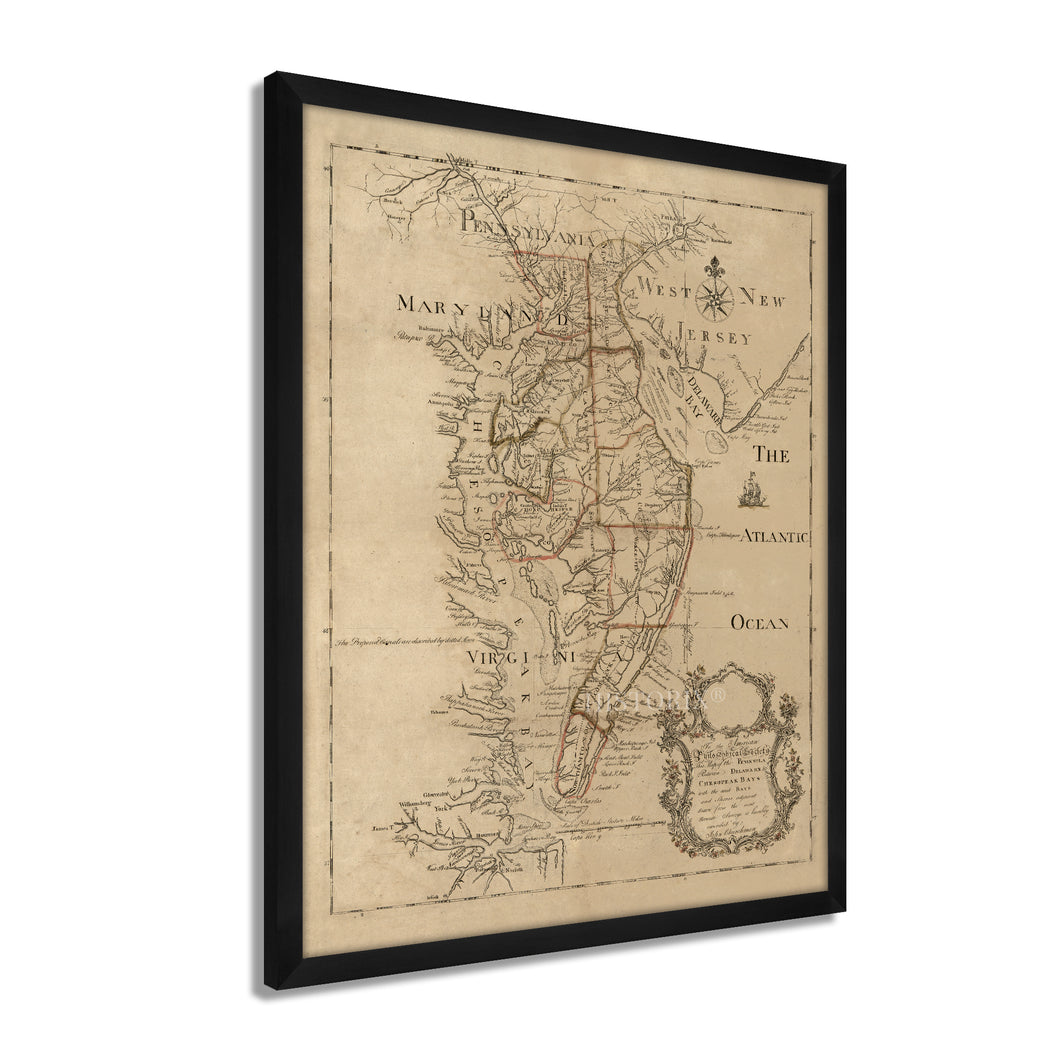 Digitally Restored and Enhanced 1786 Delaware Bay and Chesapeake Bay Map Poster - Framed Vintage Chesapeake Bay Map Wall Art - History Map of the Chesapeake Bay Delmarva Peninsula