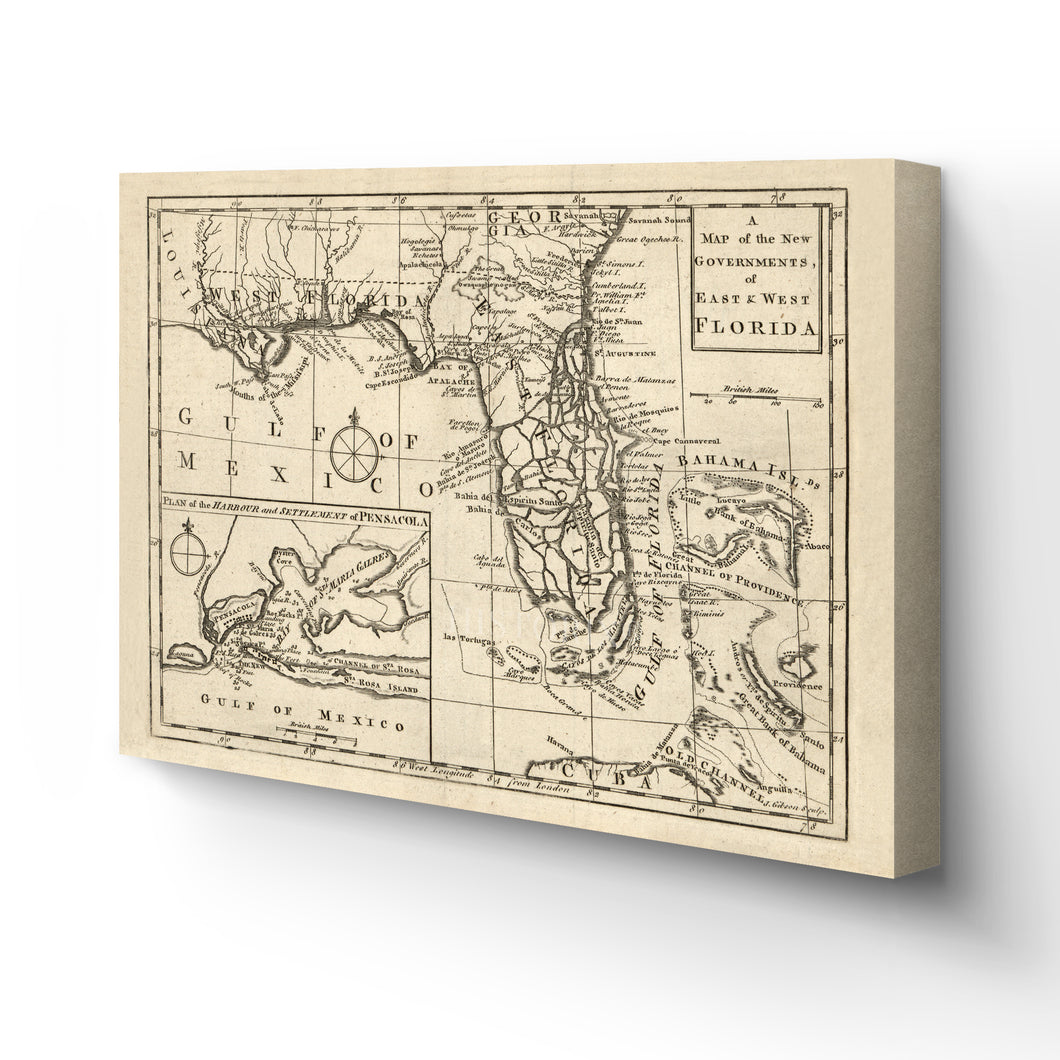 Digitally Restored and Enhanced 1763 Florida Map Canvas Art - Canvas Wrap Vintage Florida Map Poster - History Map of Florida State - The New Governments of East & West Florida Map Wall Art