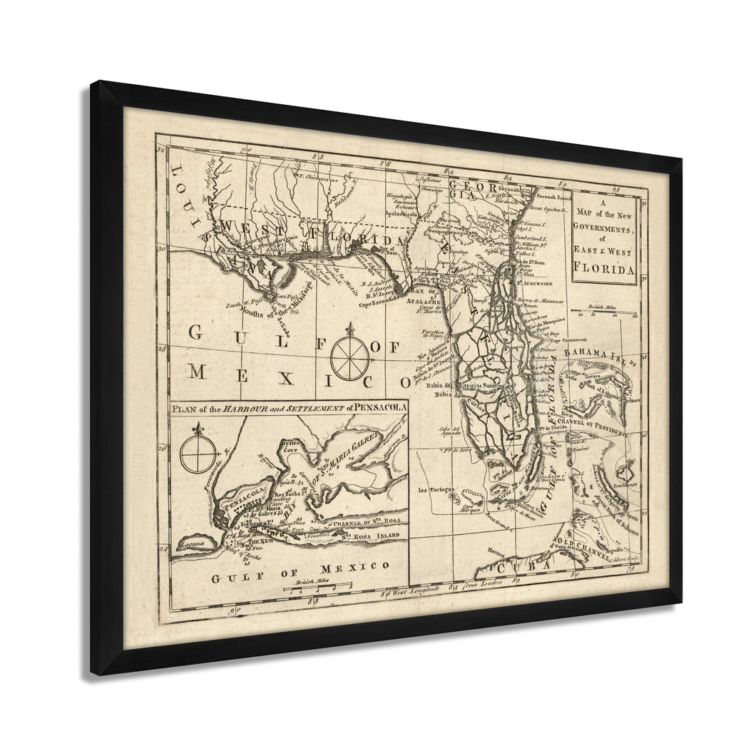 Digitally Restored and Enhanced 1763 Florida Map Poster - Framed Vintage Florida Map Wall Art - History Map of Florida State - The New Governments of East & West Florida Wall Map