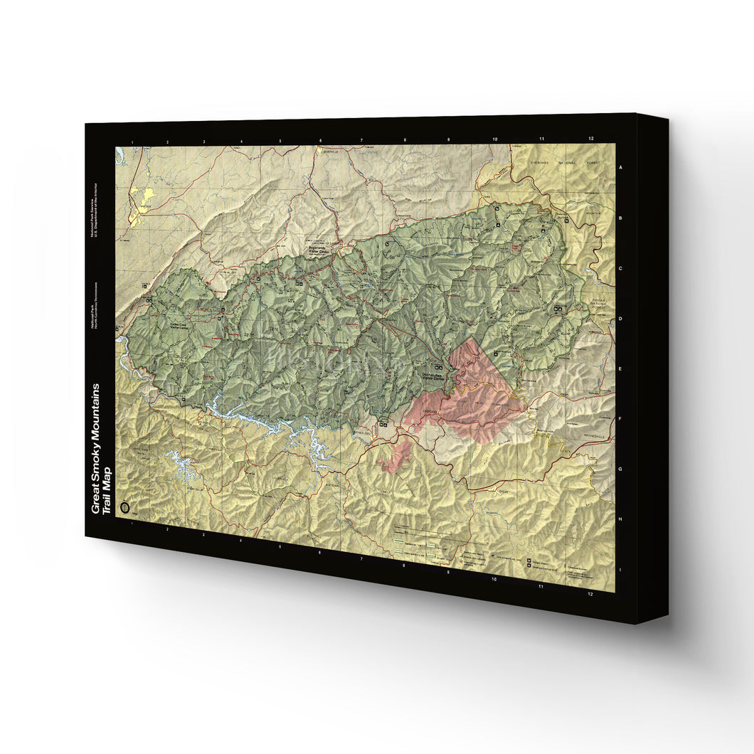 Digitally Restored and Enhanced 1990 Great Smoky Mountains Map Canvas Art - Canvas Wrap Vintage Great Smoky Mountains National Park Trail Map - Old Trail Map of Smoky Mountains Poster Wall Art